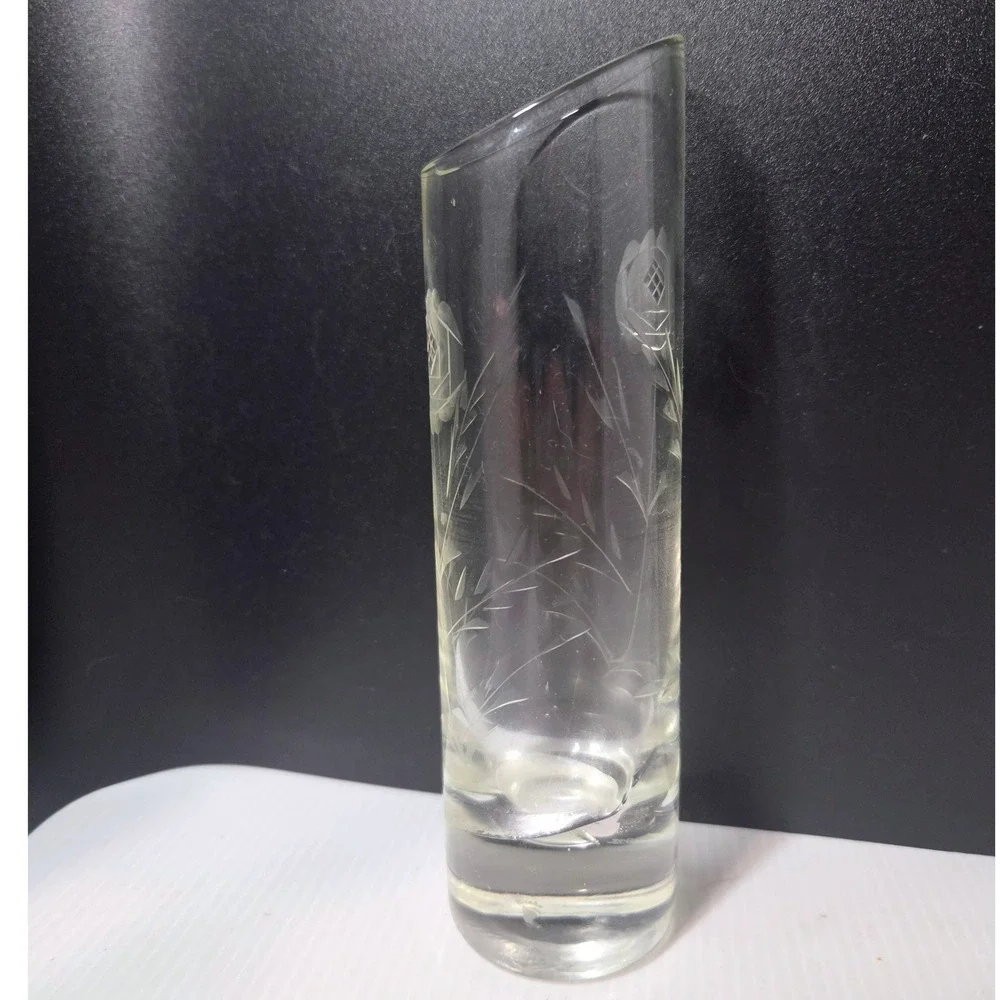 Vintage Etched Glass Rose Bud Vase Slanted Rim Floral Cut Design